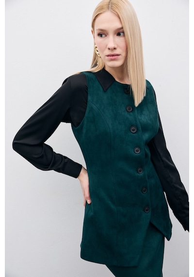 Sateen Düğmeli Uzun Süet Yelek - Zümrüt-135507 Zümrüt Zümrüt Yeşili