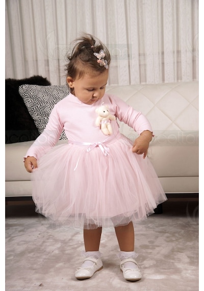 Oyuncak Ayıcıklı Uzun Kollu Astarlı Kız Çocuk Tüllü Elbise Pembe