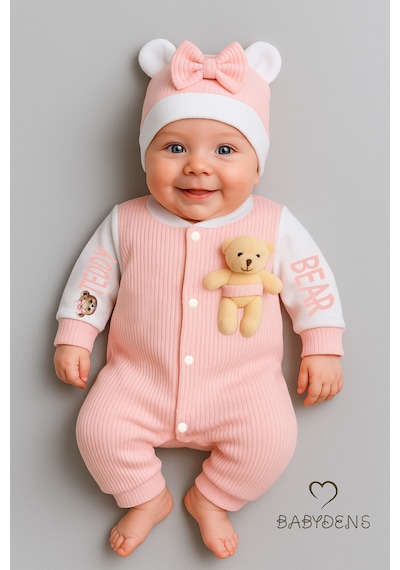 Babyden's Teddy Bear Temalı Yenidoğan Fitilli Tulum Takımı Ayıcıklı Kız Bebek Tulum Şapka Set %100 Pamuk Açık Pembe