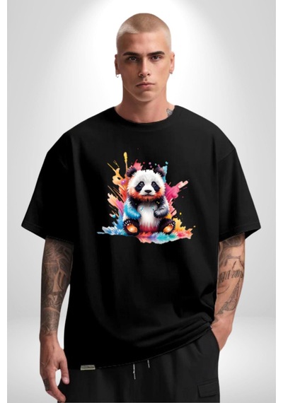 Renkli Yavru Panda Pamuklu Bisiklet Yaka Unisex Oversize Boyfriend Dijital Baskılı Siyah T-shirt Siyah