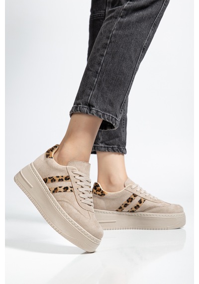 Bahrina Kadın Kalın Tabanlı Sneaker Bej Süet Leopar