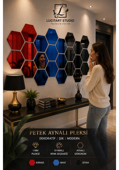 Lucitart 10 Adet Aynalı Pleksi Gümüş Petek Duvar Dekoru Kendinden Yapışkanlı Dekoratif Altıgen Ayna 10x11 - 15x17 - 20x23 Cm