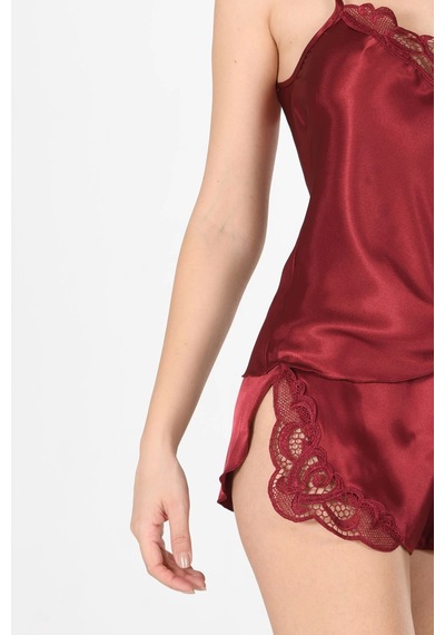 Bordo Saten Babydoll Şortlu Takım - 281 Çok Renkli