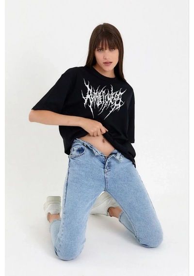 Kadın Baskılı T-shirt Kısa Kol Bisiklet Yaka Oversize Rahat Kalıp Günlük Tişört - Siyah Siyah