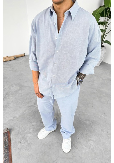 Mavi Premium Keten Basic Oversize Gömlek Mavi
