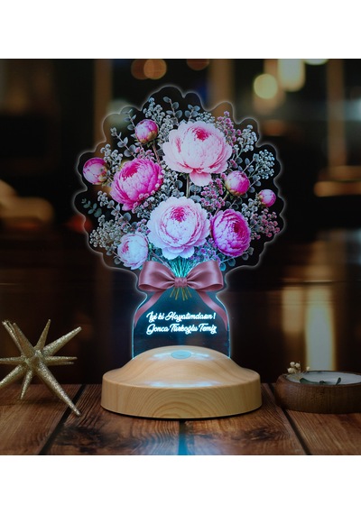 Pembe Şakayık Çiçek Buketi Led Lamba, Peony Şakayık Aranjmanı Kişiye Özel Sevgiliye Ve Kadına Zarif Hediye Pembe Şakayık Buketi