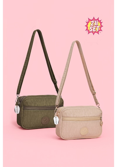 Westbag Kadın Çapraz Askılı Üç Gözlü Fermuarlı Krinkıl Günlük Omuz Çantası 2'li Set Bej - Haki