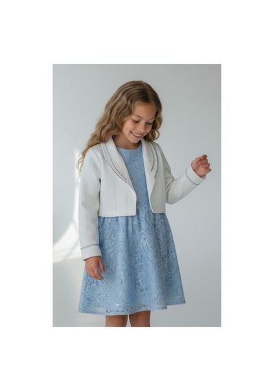 Fesshera Kids Kız Çocuk Dantel Elbise Bolero Ceket Takım 9-12 Yaş Mavi