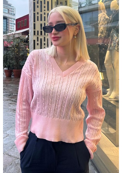 Madmext Pembe V Yaka Örgülü Triko Kadın Kazak Mg2258 Pembe