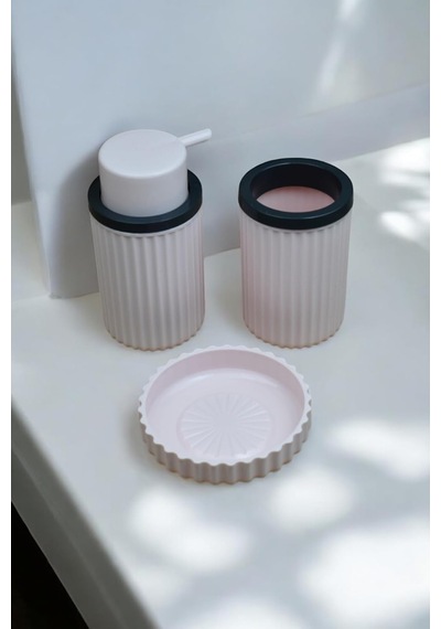 3 Parça Sert Plastik Banyo Seti/sıvı Sabunluk, Diş Fırçalık Ve Katı Sabunluk-toz Pembe 000 Açık Krem