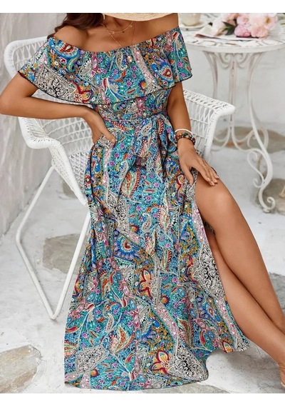 Efnaz Style Kadın Kısa Kollu Madonna Yaka Fırfırlı Belden Yırtmaçlı Maksi Süprem Elbise Mavi