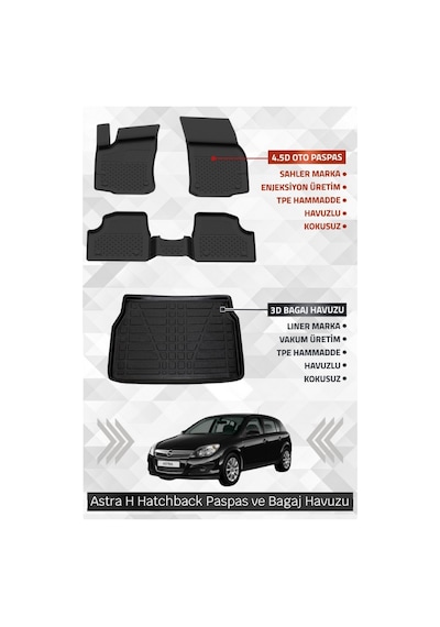 Sahler Opel Astra H Hatchback Uyumlu 4.5d Premium Havuzlu Oto Paspas Ve Liner Marka 3d Bagaj Havuzu