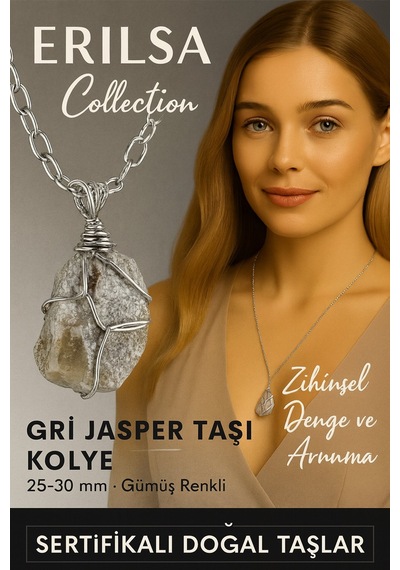 Sertifikalı Ham Doğal Gri Jasper Taşı Kolye 25-30 Mm Denge Ve Koruma Taşı Gri