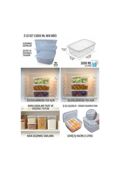Kapaklı Saklama Kabı 3&apos Lü Set, 3000 Ml Her Biri, Şeffaf, Bpa İçermez, Hava Geçirmez, İstiflenebilir