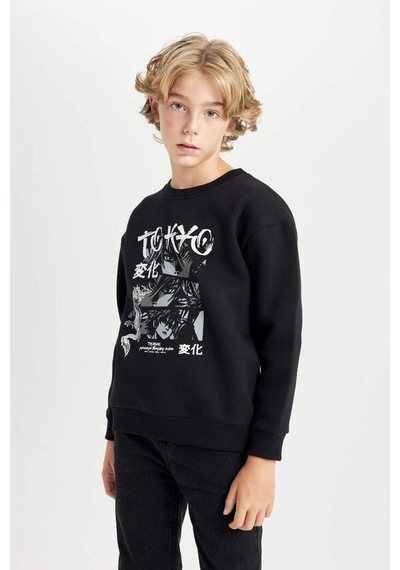 DeFacto Erkek Çocuk Siyah Oversize Geniş Kalıp Bisiklet Yaka Baskılı Sweatshirt D5680A824WNBK81