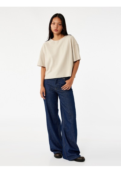 Koton Kısa Kollu Bisiklet Yaka Basic Oversize Tişört Bej 6wal10190ık Ekru