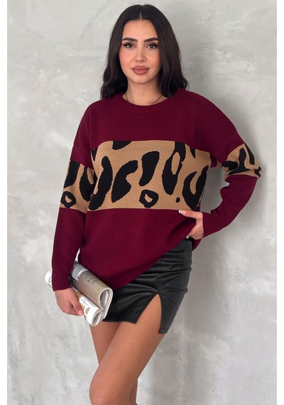 Femelle Kadın Bordo Standart Beden Leopar Desen Oversize Triko Kazak