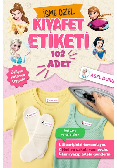 Kıyafet Etiketi - Okul Kıyafetlerine Kişiye Özel 30 Saniyede Kolay Uygulama Yıkanabilir - Prensesler Çok Renkli