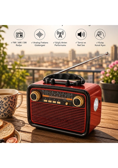 Müzik Kutusu Bluetooth Bağlantılı El Fenerli Nostaljik Tasarım Radyo 08762104