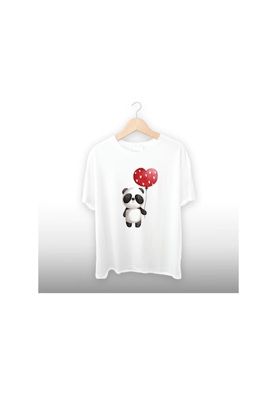 Panda Balon Detaylı Unisex Tişört Beyaz