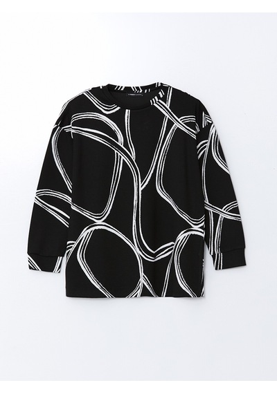 Lcw Everyday Siyah Bisiklet Yaka Desenli Oversize Kadın Sweatshirt