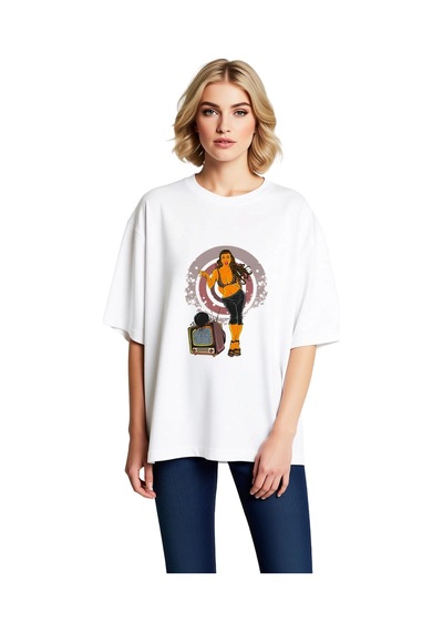Paybuy Leopar Desenli Retro Kadın Baskılı Kadın Oversize Tişört Beyaz