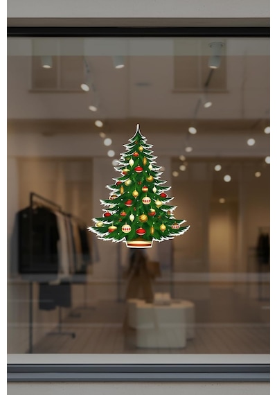 Mıgnatıs Yılbaşı Çam Ağacı Vitrin Sticker, Kendinden Yapışkanlı Folyo, Noel Temalı Kapı Ve Cam Süslemesi 40x Çok Renkli