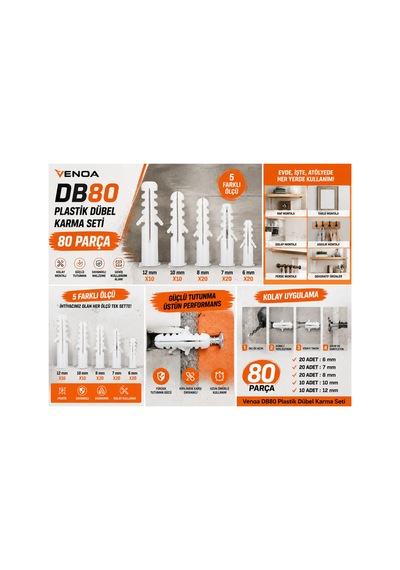 Db80 Plastik Dübel Karma Seti 80 Adet 5 Farklı Ölçü 6-7-8-10-12 Mm Ev, Tadilat Ve Montaj İçin Pratik Dübel Seti