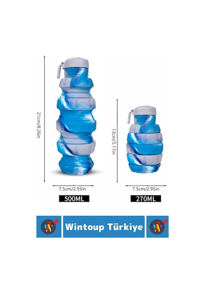 Wintoup Premium Portatif Bpa Free Şık Kamp Spor Seyahat Silikon Katlanabilir El Bombası Suluk 500 Ml Çok Renkli