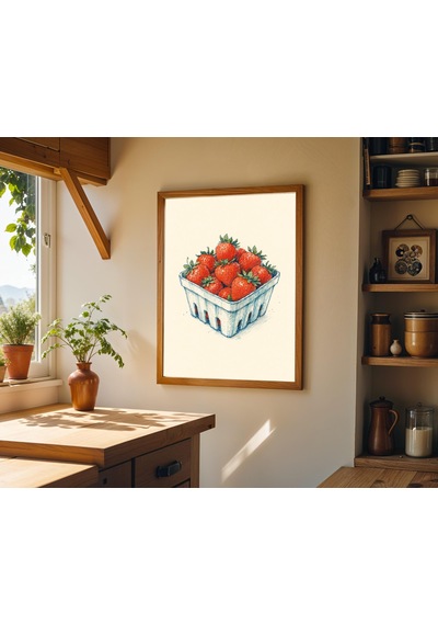 Çilek Sanat Baskısı Modern Çiftlik Evi Mutfak Dekorasyonu Yaz Meyve Sepeti İllüstrasyonu