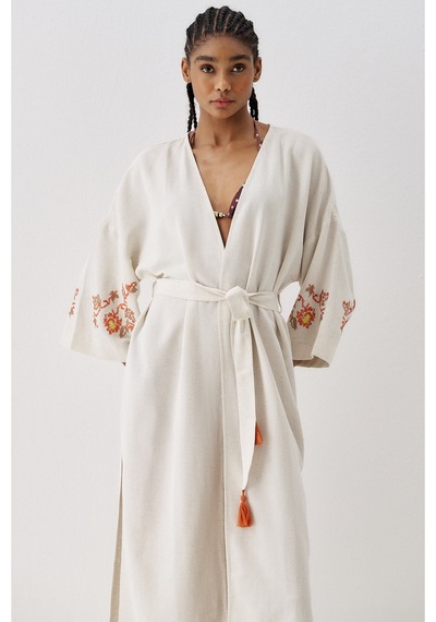 Sagaza Studio Ss6186 Keten Bağlamalı Kimono Kahverengi