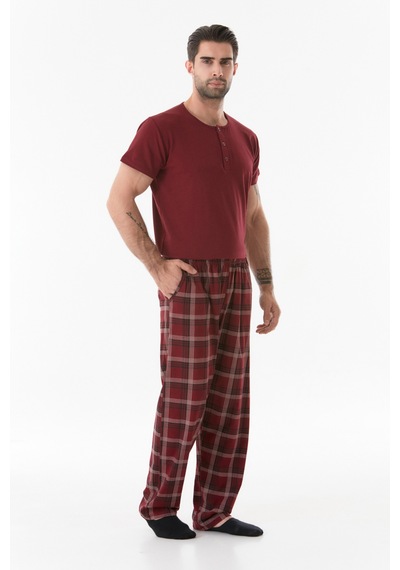 Fullamoda Ekose Desenli Düğmeli Pijama Takımı 24mıcg631212245-bordo 24MICG631212245-Bordo