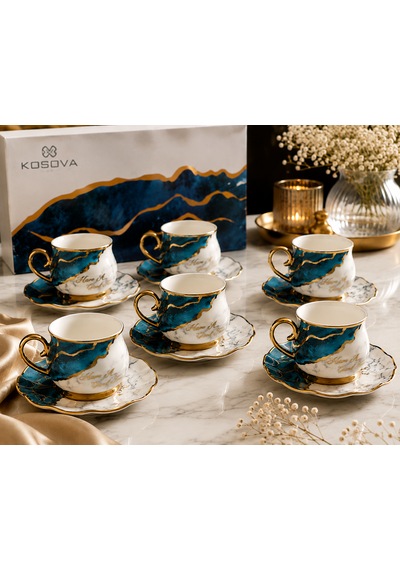 Premium Porselen 6 Kişilik Türk Kahvesi Fincan Takımı Mavi Mermer Desenli Gold Detaylı Şık Hediye Seti Çok Renkli