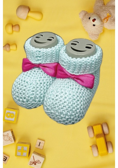 Bebek Patik, Fiyonklu Örme Dikişsiz Bebek Patiği, Triko Örgü 0-12 Ay Beyaz - Pembe