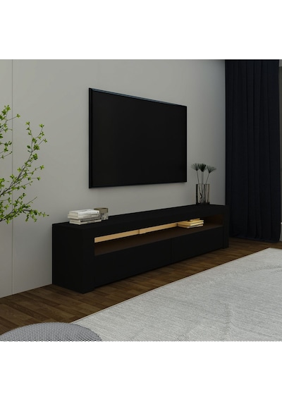 Batı Led Işıklı 2 Kapaklı TV Sehpası 150 cm Minimal Tasarım, Ahşap siyah