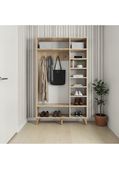 Alara Tamamı Mdf Aynalı Portmanto Vestiyer Ayakkabılık Meşe 120 Cm - M4