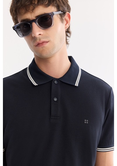 Avva Erkek Lacivert Kıvrılmaz Polo Yaka Pamuklu Teknik Kumaş Regular Fit T-shirt A61y1097