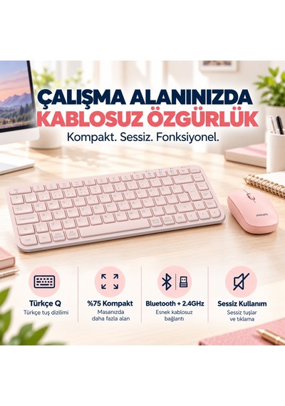 Philips SPT6338BT Bluetooth ve 2.4GHz Kablosuz Türkçe Q 85 Tuşlu Klavye Mouse Seti
