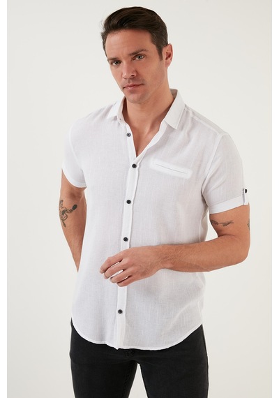 Buratti % 100 Pamuk Keten Görünümlü Slim Fit Kısa Kollu Erkek Gömlek Cf21S111766 Beyaz