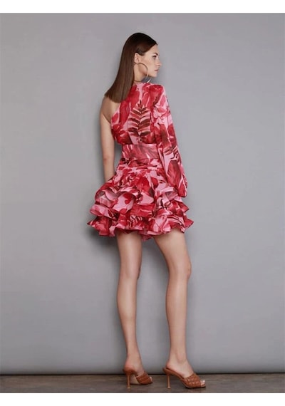 Fashion Cocktail Tek Omuz Tek Kol Asimetrik Katlı Kemerli Mini Kokteyl Desenli Hasır Kemerli Davet Elbisesi Kırmızı Fashion Cocktail Tek Omuz Tek Kol Asimetrik Katlı Kemerli Mini Kokteyl Desenli Hasır Kemerli Davet Elbisesi Kırmızı