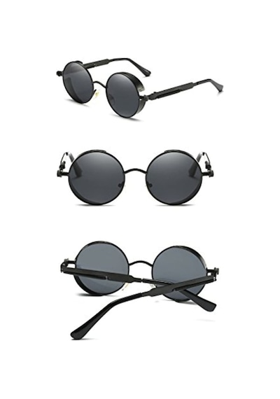 Retro Vintage Steampunk Gothic Tarz Yuvarlak Güneş Gözlüğü Siyah