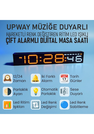 Upway Müziğe Duyarlı Ritim Işıklı Dijital Masa Saati - Sese Duyarlı Hd Led Panel Ekran Turuncu Beyaz
