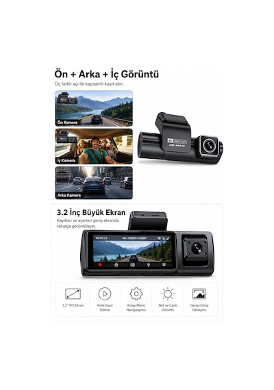 Bagajon 3 Kameralı Yapay Zekâ Destekli 4k Araç İçi Kamera Ön İç Arka Kamera Wifi Gps Adas 24 Saat Park Modu Gece Görüşlü