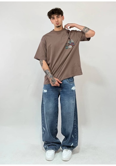 Zaee Nomad Nakışlı Premium Oversize Tişört Kahverengi
