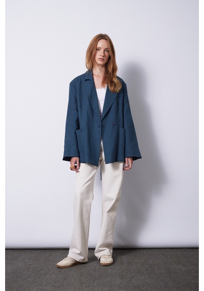 Keten Karışımlı Kuşaklı Blazer Ceket Indıgo