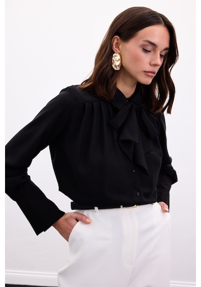 Sateen Fularlı Gömlek - Siyah-136899 Siyah