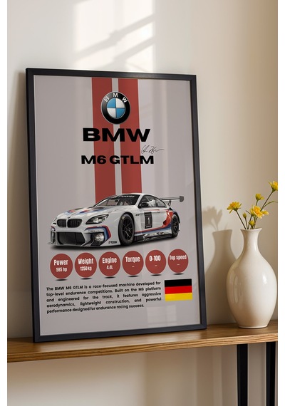 Bmw M6 Gtlm Premium Spor Araba Çerçeveli Tablo - Teknik Özellikli Otomobil Sever Duvar Dekoru Siyah