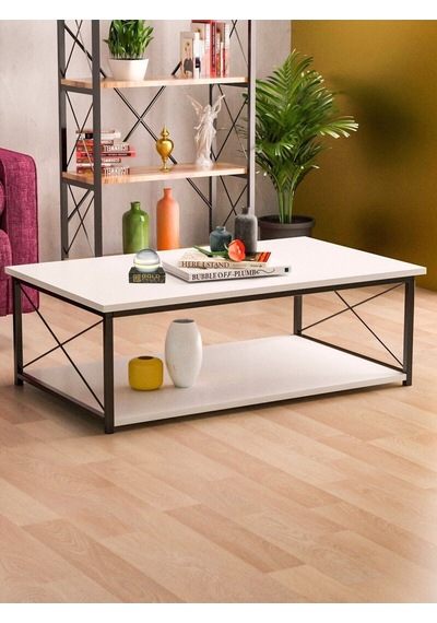Beyaz Dikdörtgen Orta Sehpa 90x50 Cm Çift Raflı