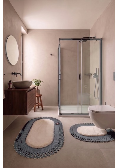 Banyo Paspası Takımı 60x100+40x60 Cm Dış Trikot Bej & Antrasit Gri
