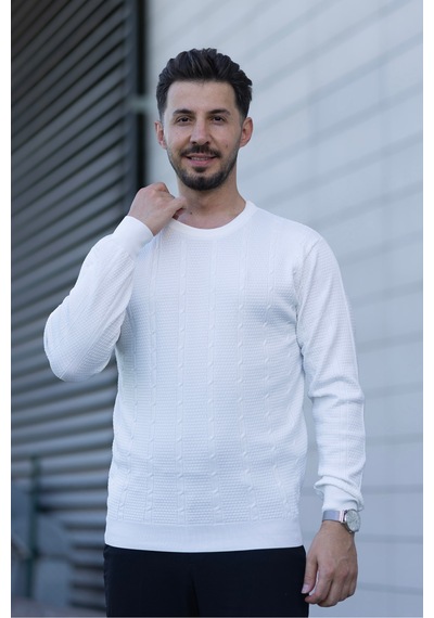 Hk Premium Bisiklet Yaka Örgü Desenli Slim Fit Triko Kazak Beyaz